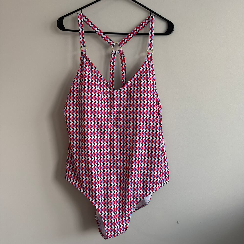 Kona Sol One Piece Swim Suit Red White Blue Gold Hardware USA Patriotic 18 NWT